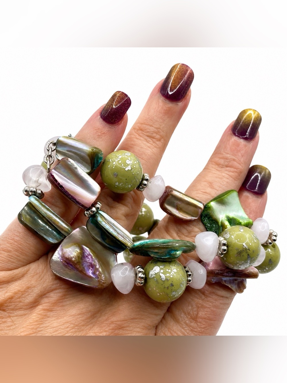 Beaded Stretch Bracelet Dyed Abalone Shell Rose Quartz Silver Tone Station Beads